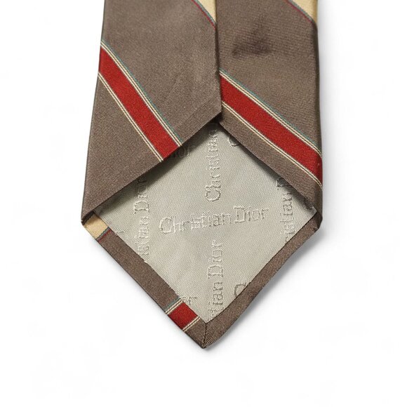 Christian Dior Vintage 100% Silk Tie Brown Red Gold Striped Classic Necktie - Picture 4 of 5